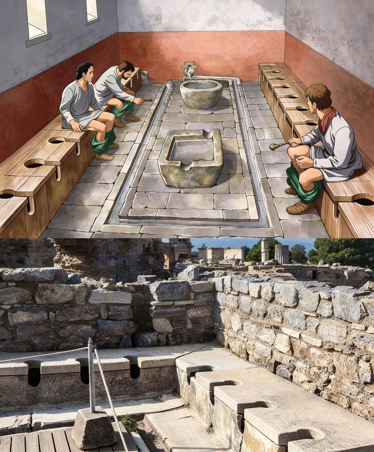 这是一座公元1世纪的罗马公共厕所。这座公厕设计精巧，依托活水排水系统保障洁净，墙