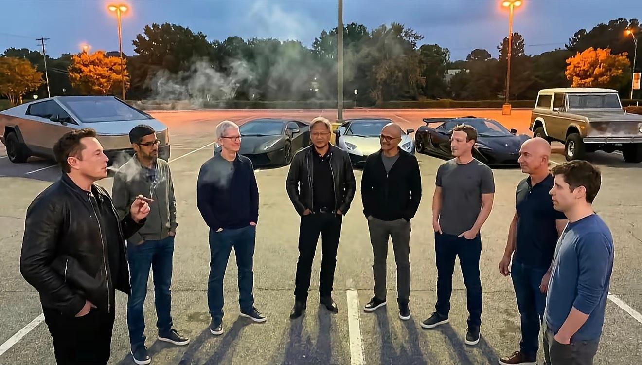 从左到右依次是：特斯拉CEO，谷歌CEO，苹果CEO，英伟达CEO，微软CEO，