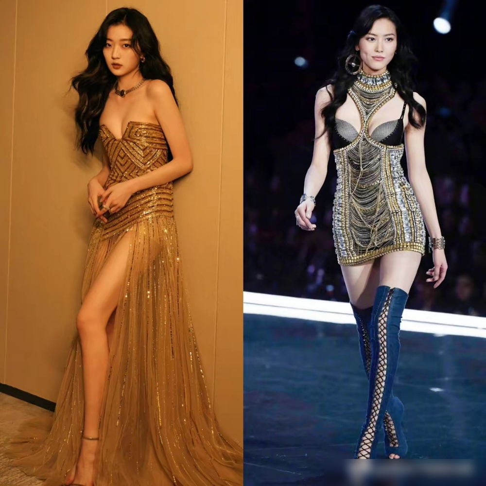 同一件金色礼服，孙千穿上像橱窗里的模特，刘雯一动，就让人挪不开眼。网友吵翻了，说孙千是流水线精致美女