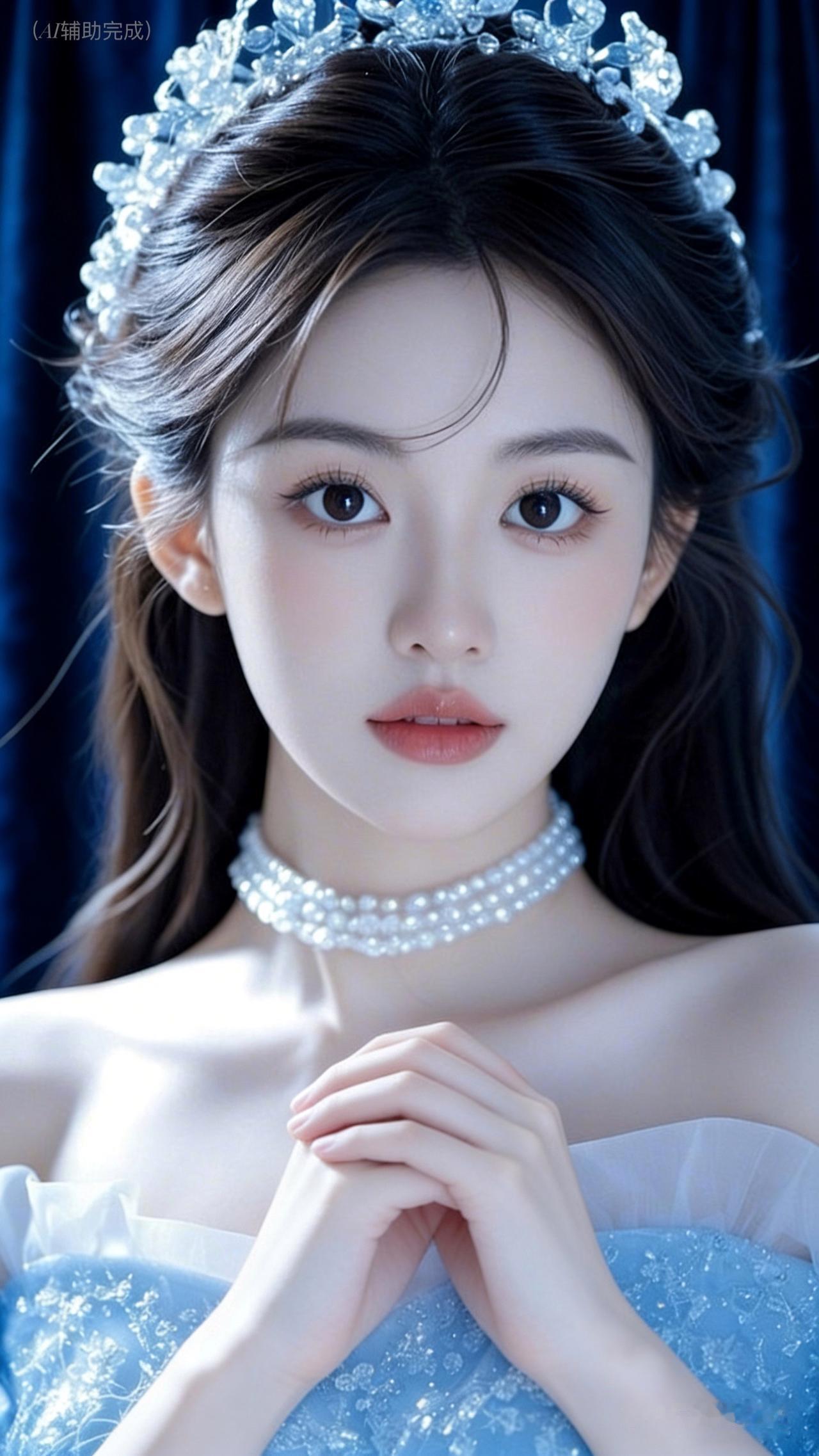 九帧皆藏童话公主韵。浅蓝霓裳缀亮片，水晶皇冠耀，珍珠项链叠三层。蓝紫幻境托仙姿，