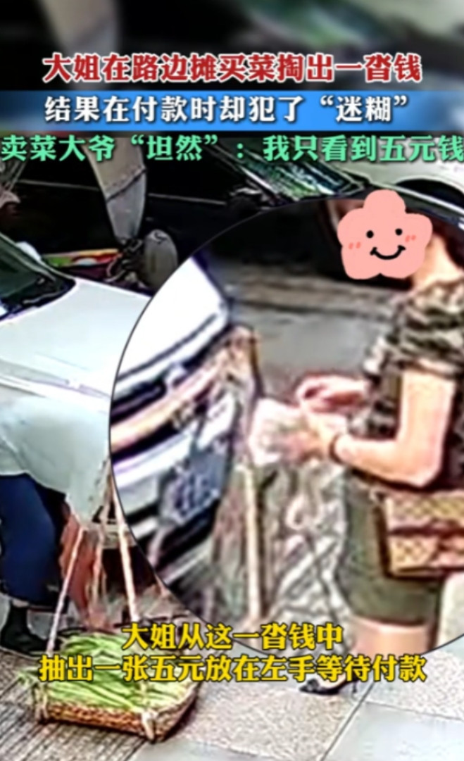 四川，女子在路边摊买菜，一共是5块钱。付款时却犯了迷糊，从包里拿出一沓钱给了卖菜
