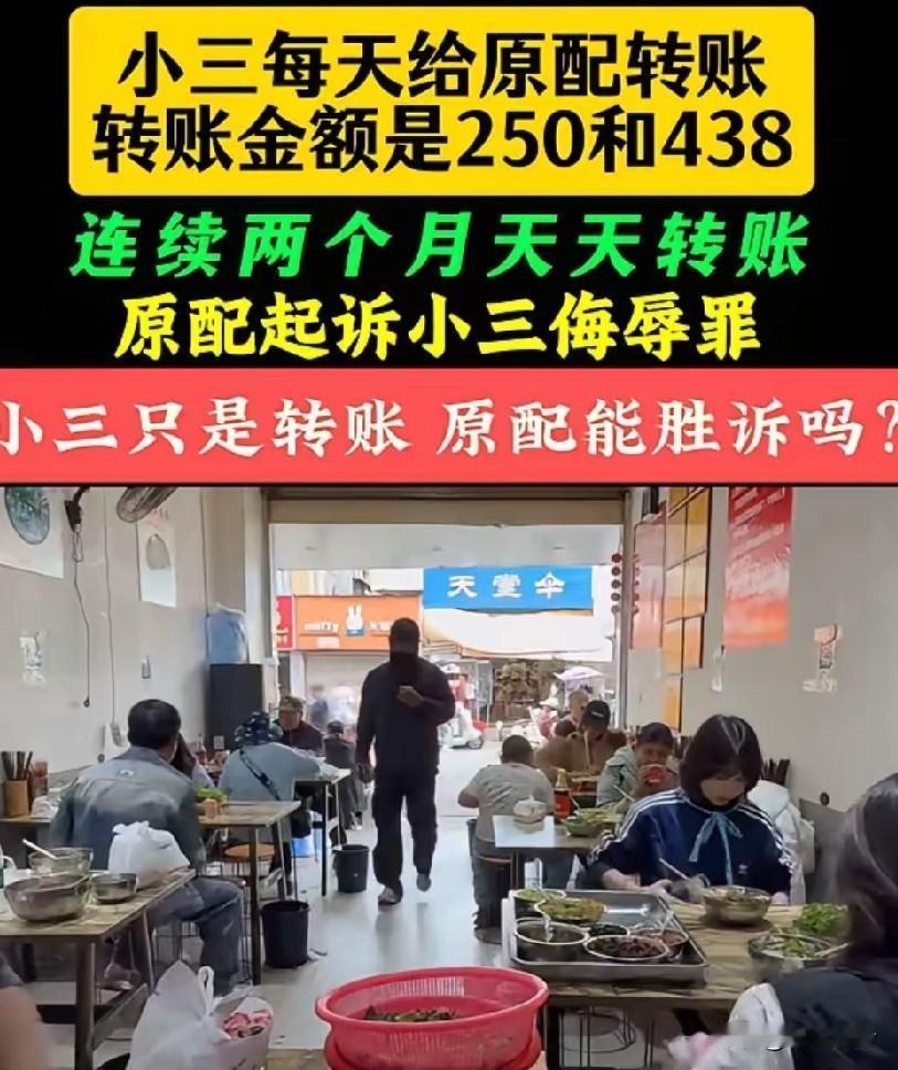 原配要起诉小三侮辱罪！因为小三每天给原配转250和438辱骂原配，连着转了几个