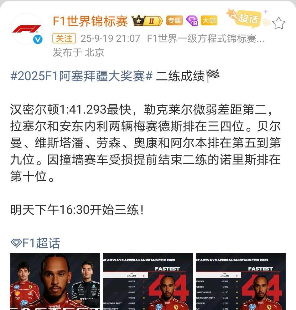 惊不惊喜？一练仅排名第13的汉密尔顿二练突升至第1，这是什么剧本？迈凯伦双雄表