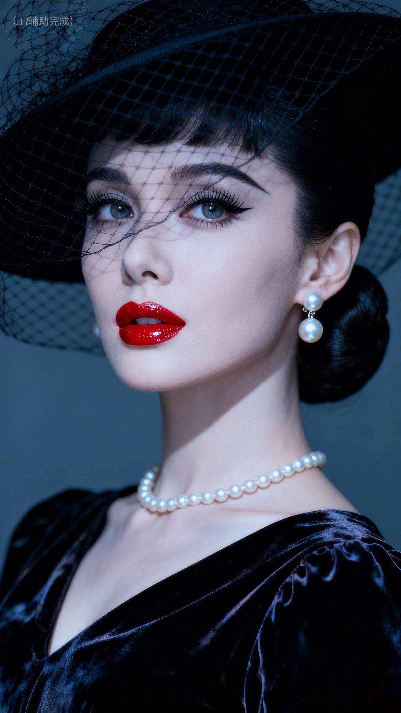 复古画报里走出的名伶，宽檐帽藏网纱珍珠，乌发盘髻衬精致眉眼。红唇点绛，珍珠缀颈间