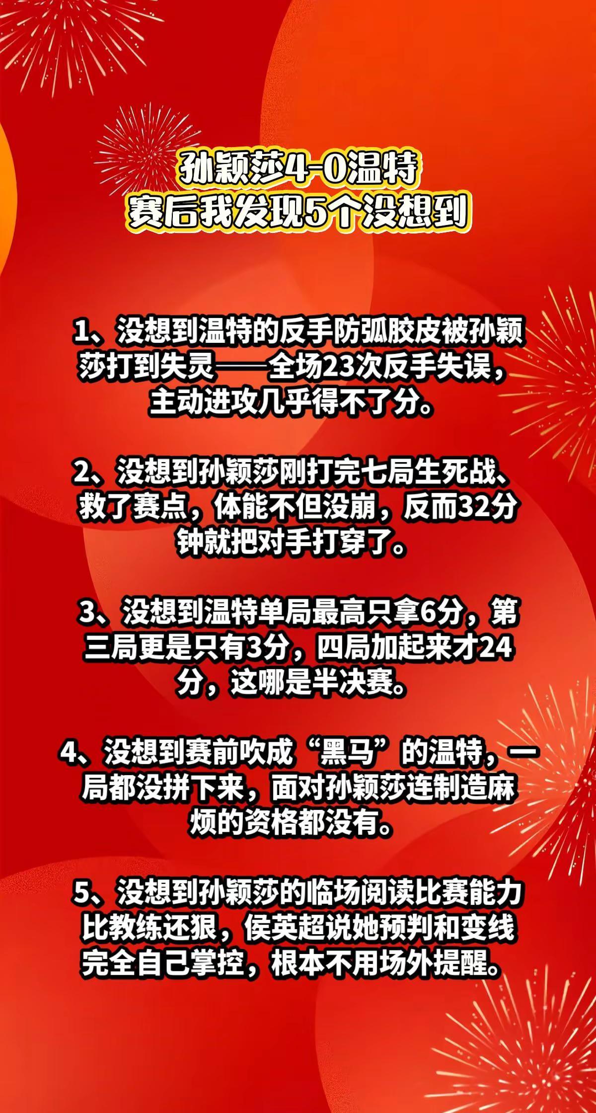 孙颖莎4-0温特，我发现5个没想到。