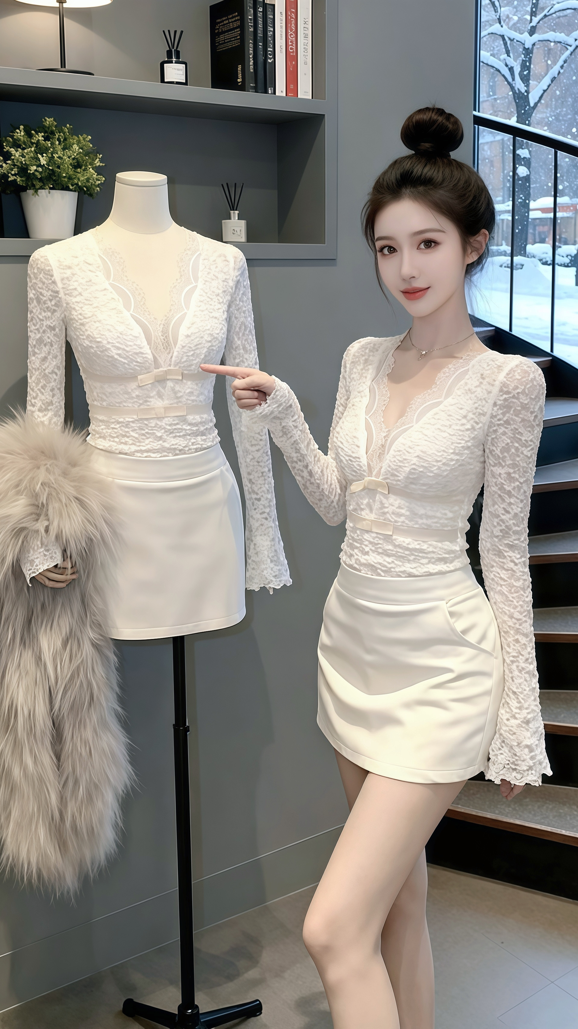 窗外落雪裹了冬意，室内的许妍以蕾丝与皮质碰出冷艳的烟火气。黑是底色，柔...