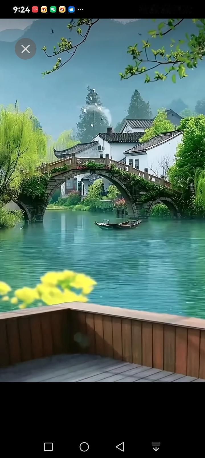 推窗便是水墨江南——石桥卧波，藤蔓缠满拱身，似是时光织就的绿绒毯；白墙黛瓦的屋舍