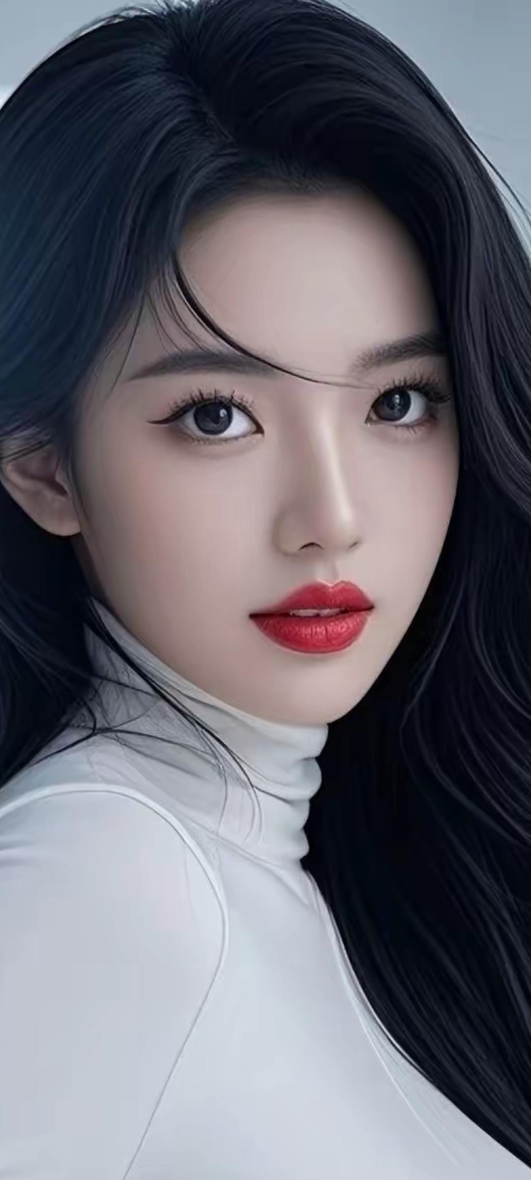 冷艳红唇，黑发白衣，气质如画