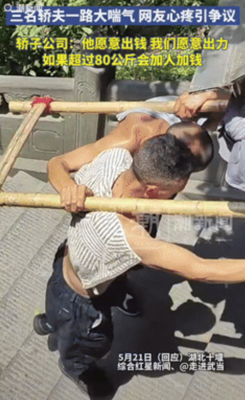 “圣母心泛滥了？”武当山一名“重量级”游客因实在爬不动，就花了500元雇轿子下山