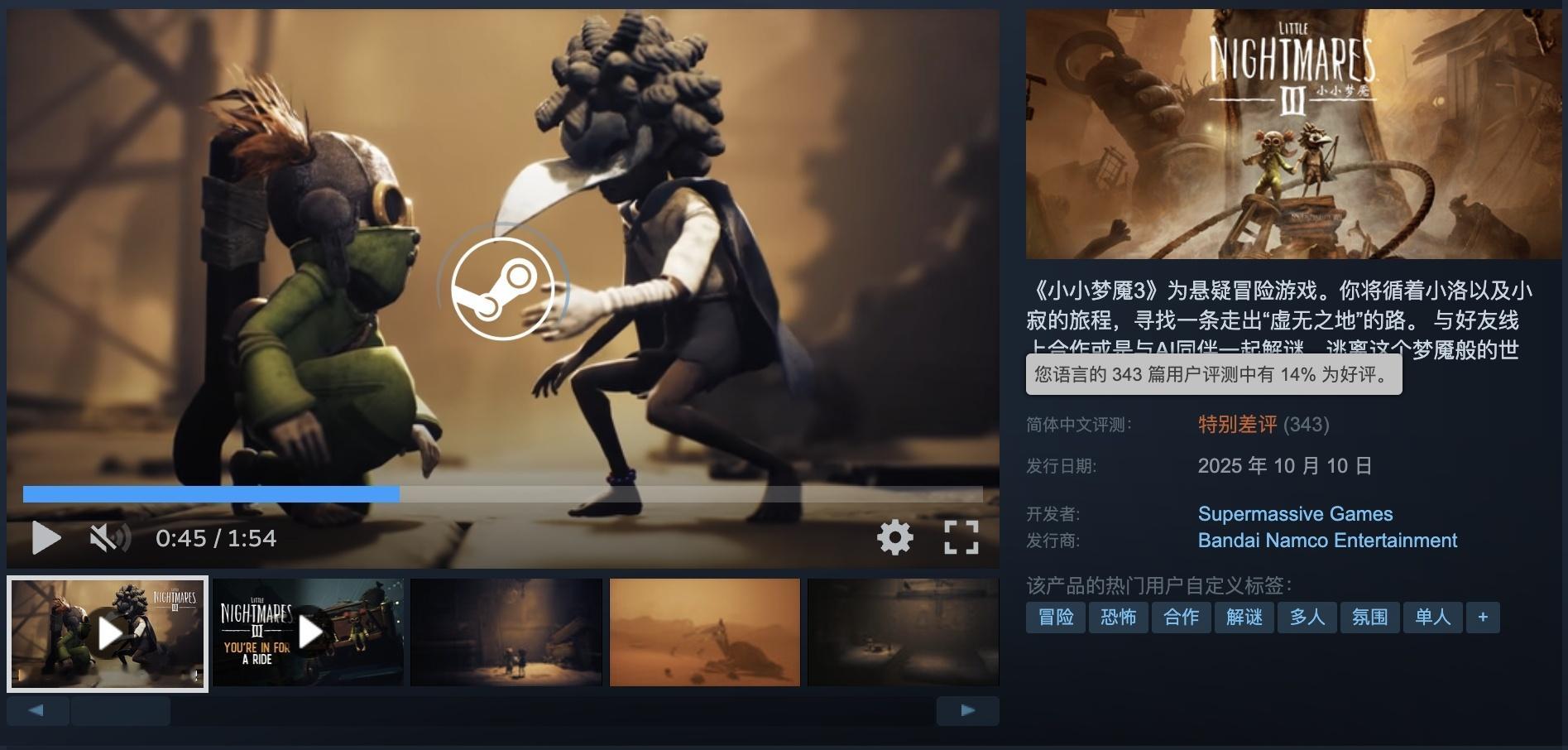 【《小小梦魇3》Steam简中跌至“特别差评”，好评率仅14%】《小小梦魇3》已