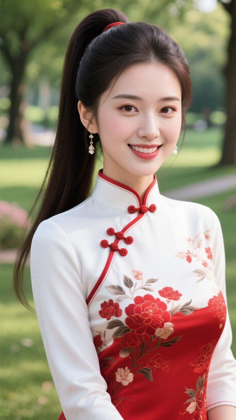 红白襟间，春雅轻生晴光铺在草坪上时，这一身红白旗袍像裁下半幅春景，落进眼底