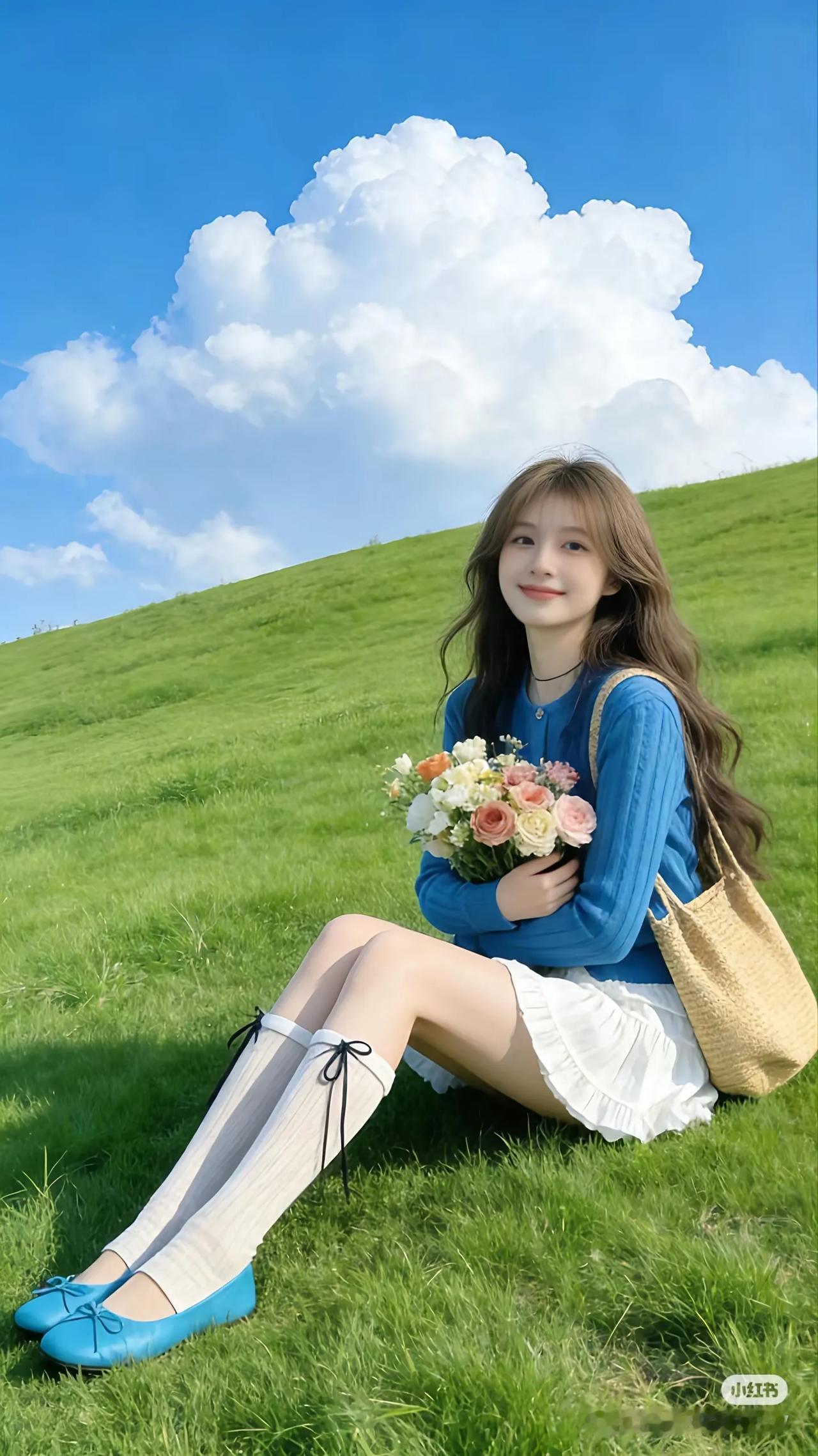 阳光下的野餐时光，与花束相伴的美好瞬间。街拍高清美女