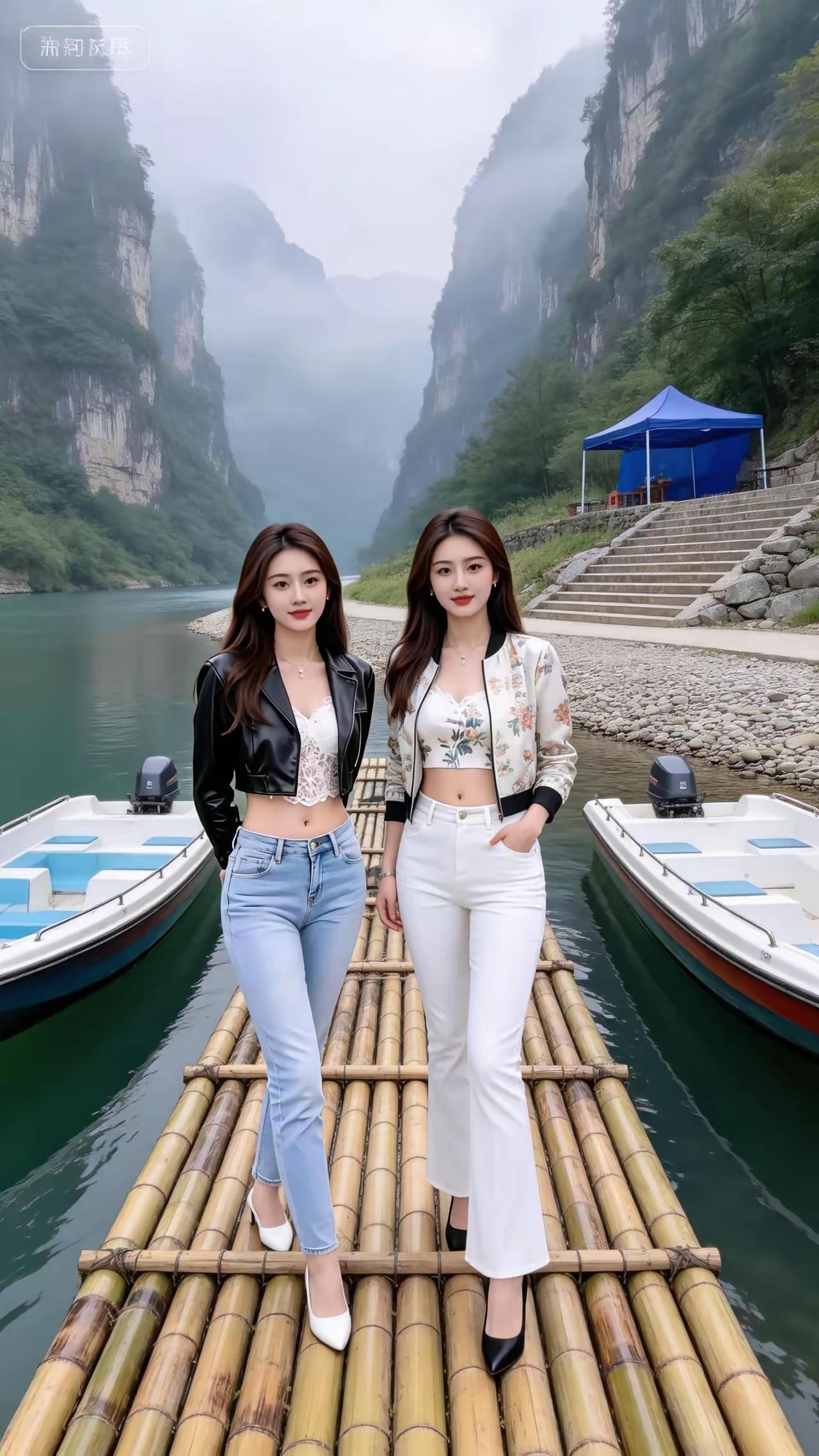 竹筏漫步，姐妹同行，山水相映，悠然自得。