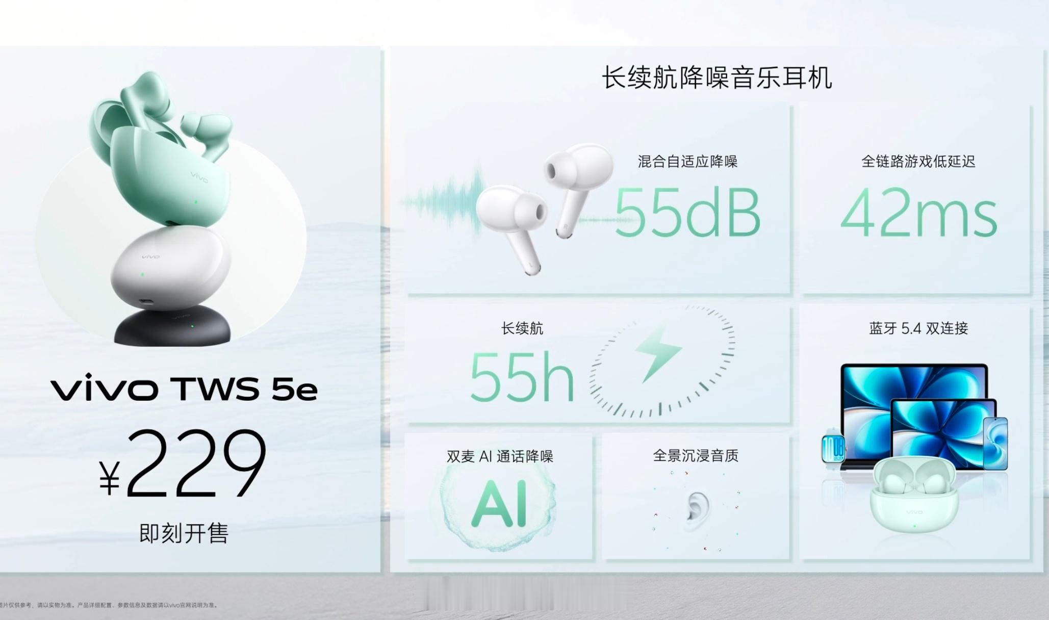 vivo发布会还有几款穿戴产品首款头戴降噪耳机：499TWS5e：229Wat