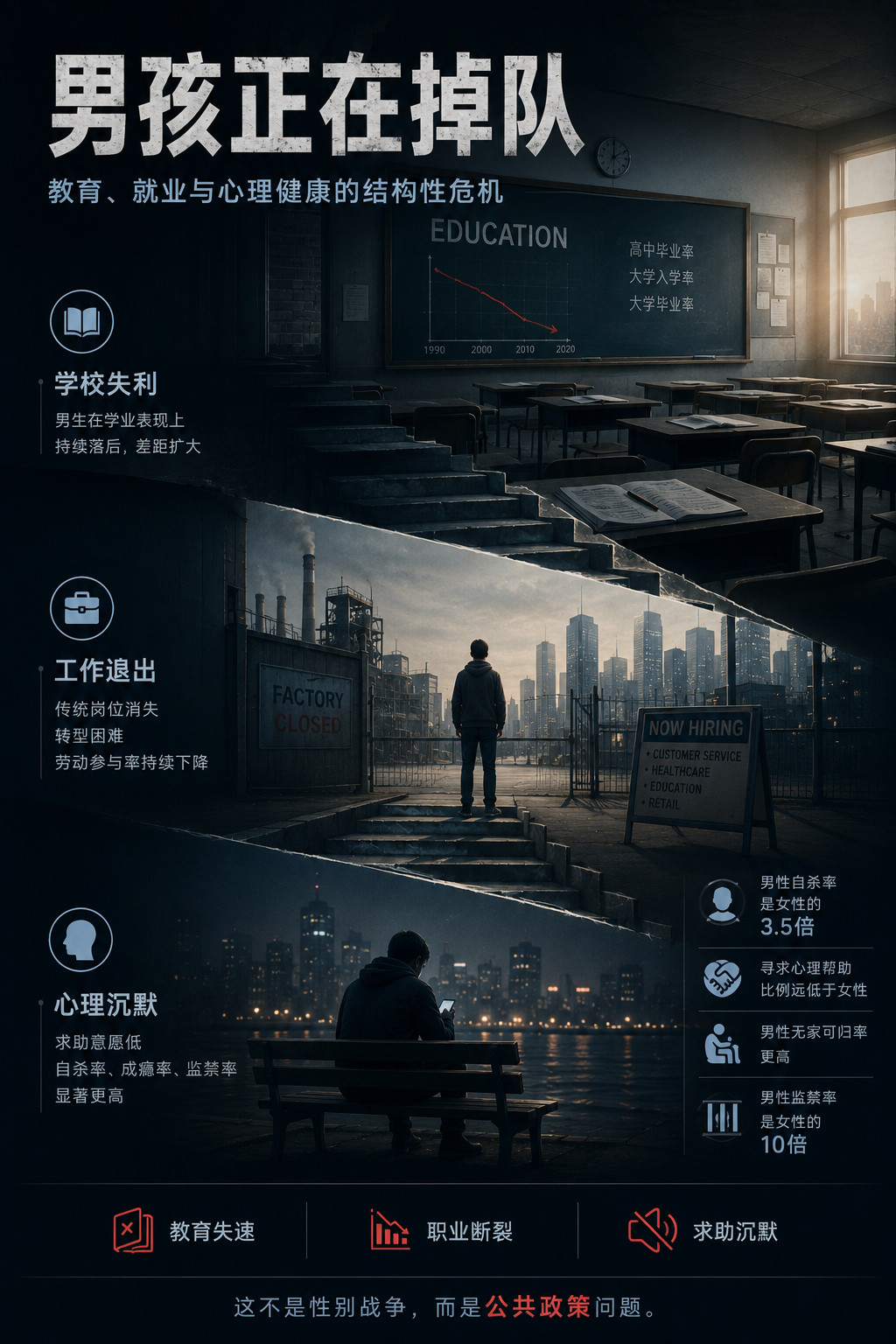 Claude说，男性在某些领域面临结构性挑战。教育领域的男性落后。美国、英国、