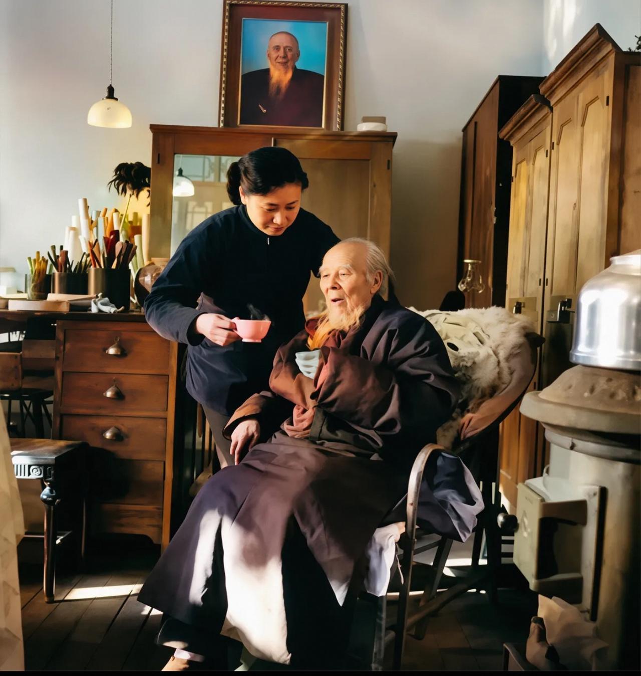 上世纪50年代，年过90岁的齐白石坐在椅子上，夏文珠正在小心翼翼地给他端茶。夏文