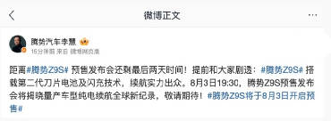 【比亚迪李慧：腾势 Z9S 搭载第二代刀片电池，预售发布会将揭晓量产车...