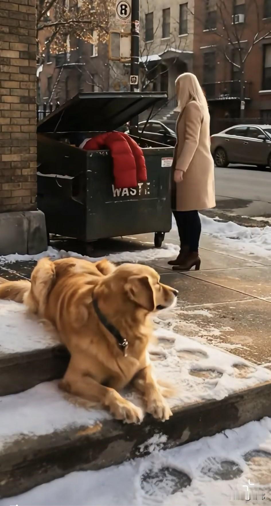 泪目了！这天一只流浪狗蹲在垃圾桶旁边休息，这时一位小姐姐拿着一件旧羽绒服丢在了垃