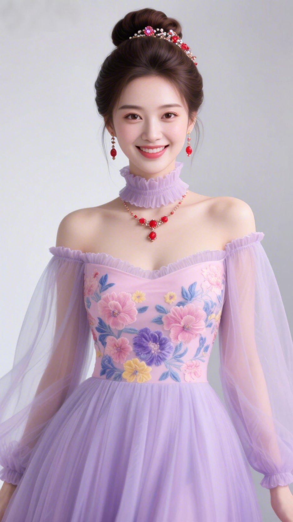 浅紫绘温柔柔紫纱裙似揽住了春日的清浅烂漫，轻透的袖摆如烟似雾，裙身绣就的繁