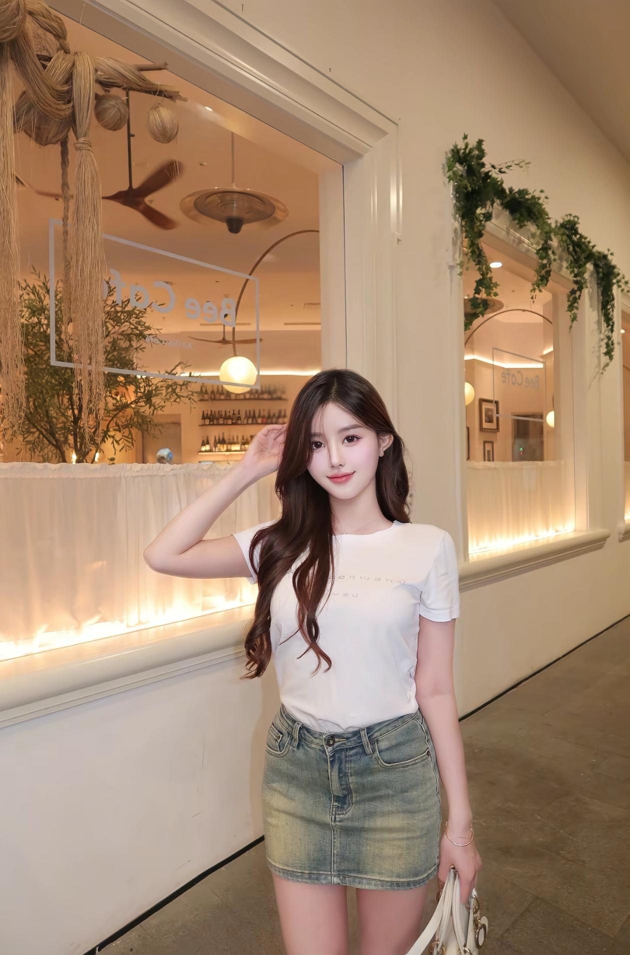 少女心满满的一天，白色T恤搭配牛仔短裙，轻松自在！🌟✨