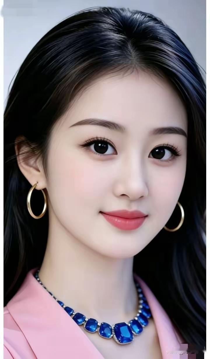 这位美女佩戴着蓝色项链和金色耳环。