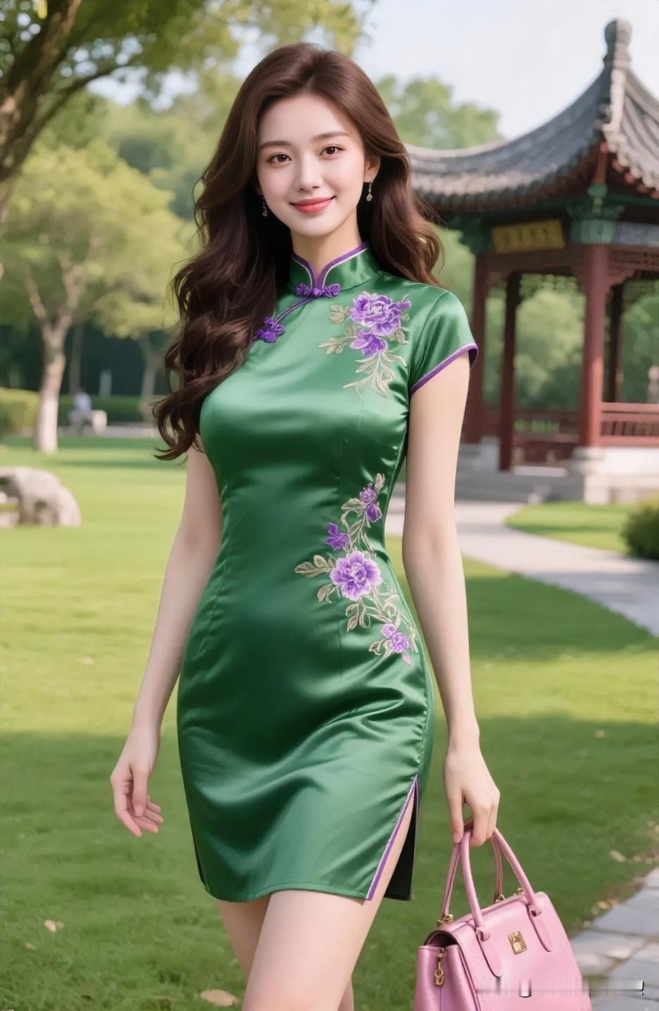 翠色旗袍绣紫艳，玲珑身段倚亭前。粉包斜挎春风里，一笑盈盈醉碧园。