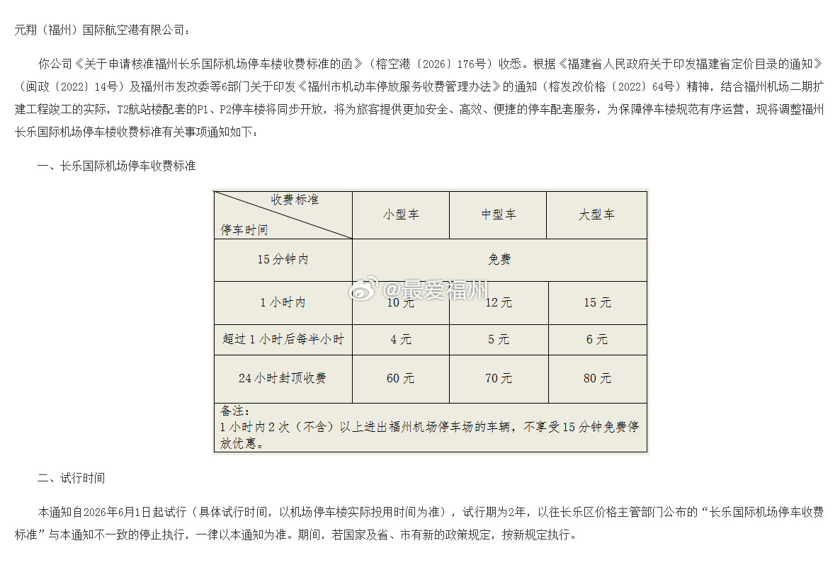 6月1日起福州机场停车楼收费标准将调整据悉，结合福州机场二期扩建工程竣工的实际