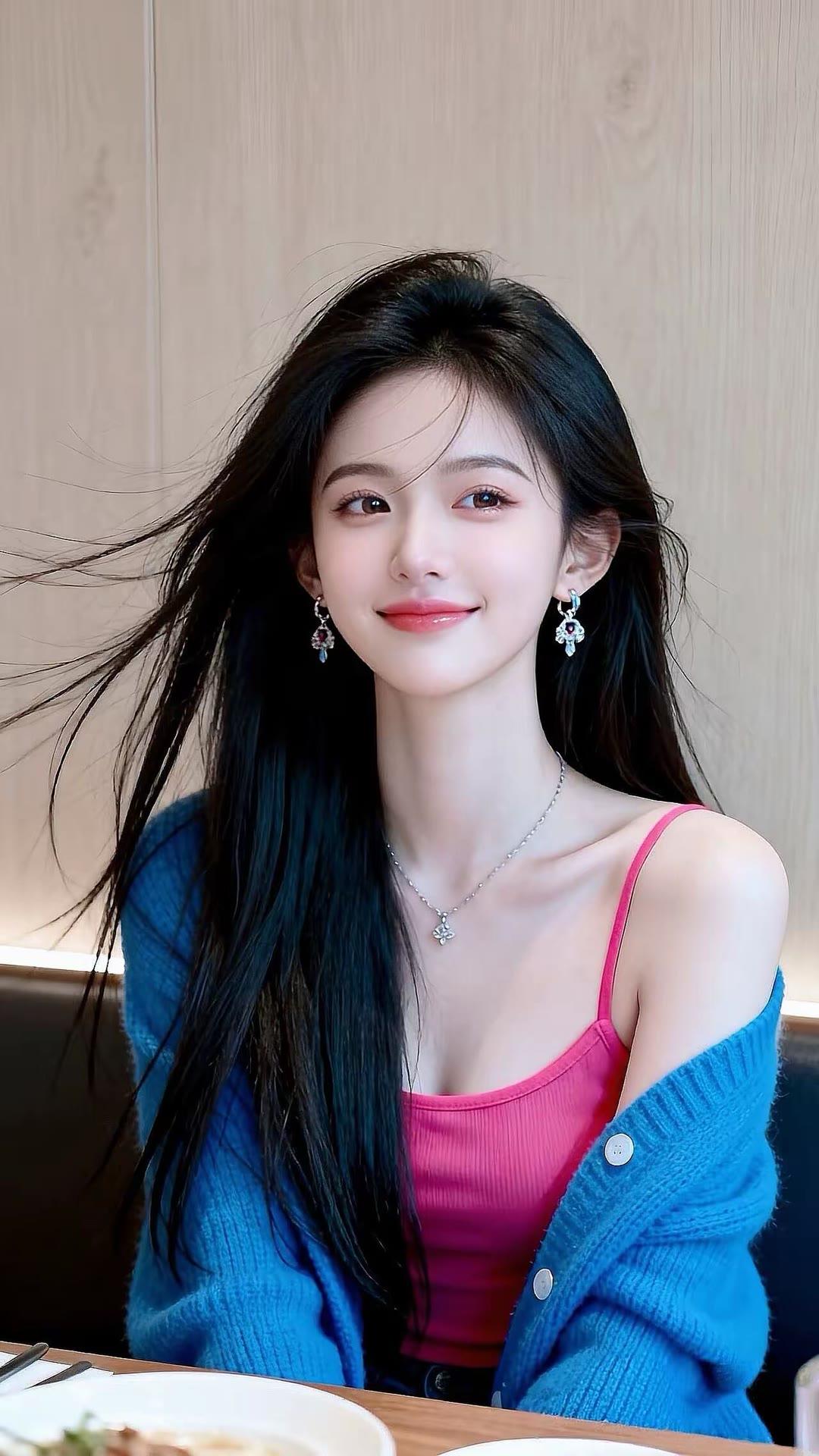元气少女风，粉蓝撞色穿搭，甜美笑容，餐厅约会照💖