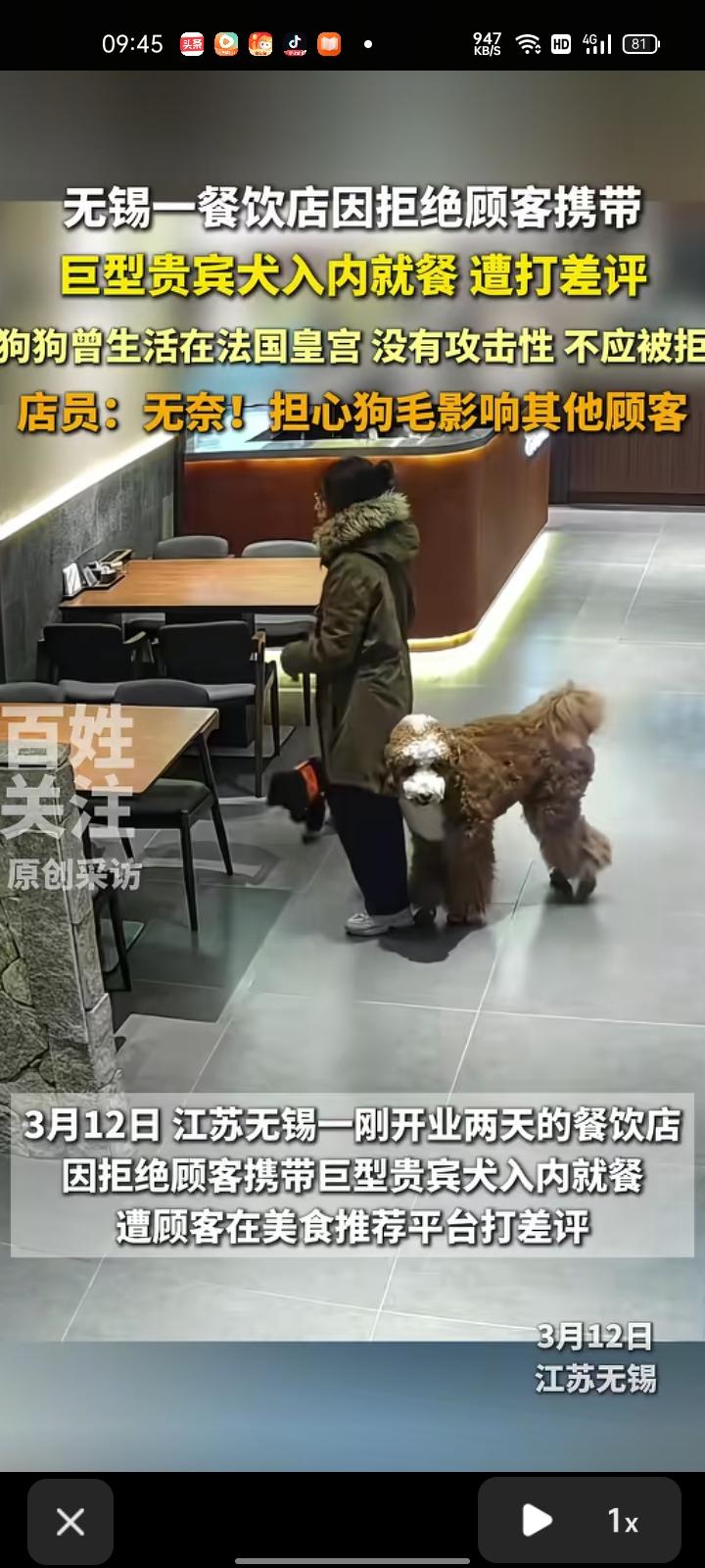 3月12日，江苏无锡。一家刚开业两天的早餐店因拒绝顾客带贵宾犬入内就餐，遭到顾客