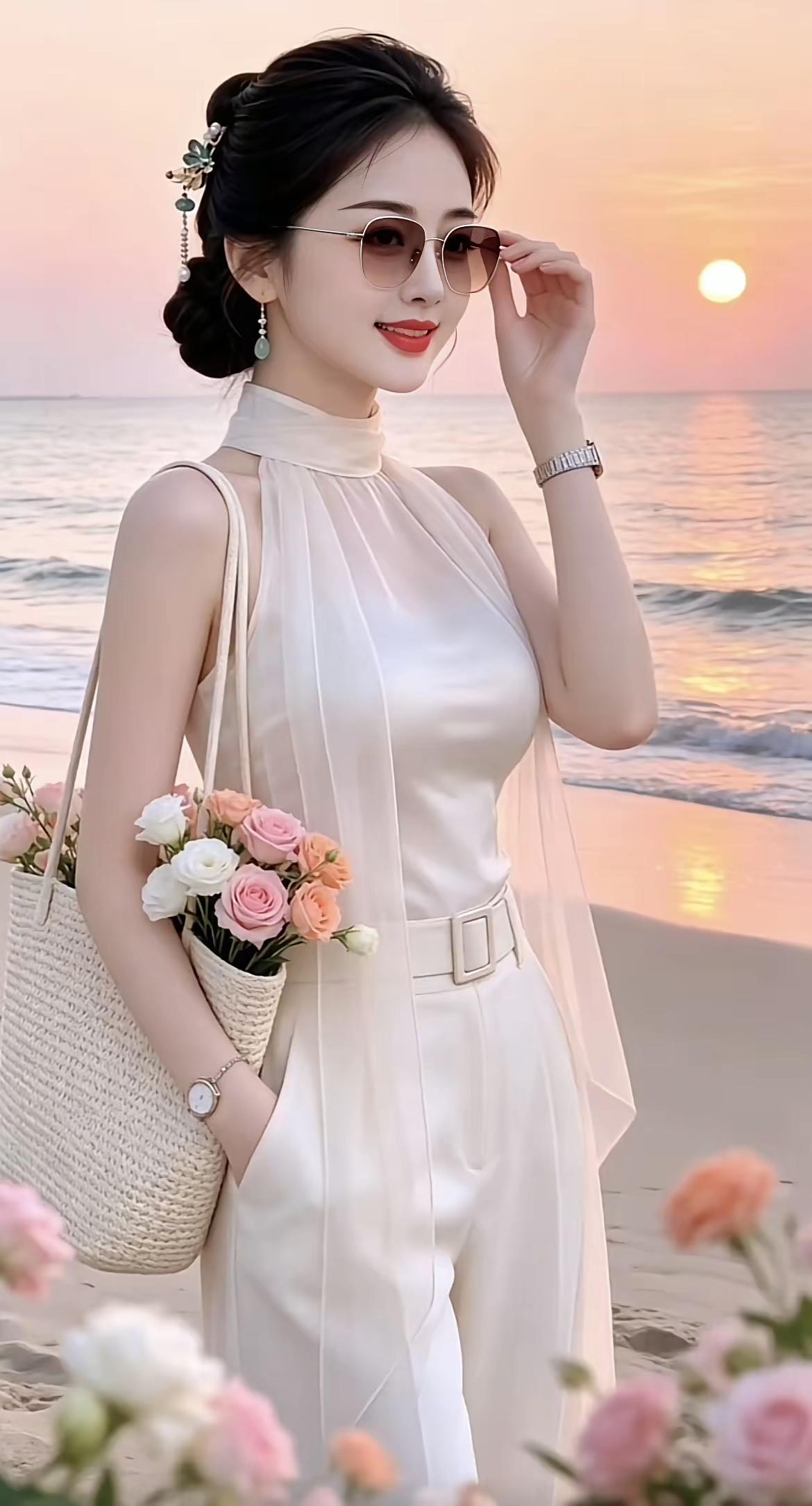 海边日落，优雅白裙，花束相伴，时尚与自然的完美融合。