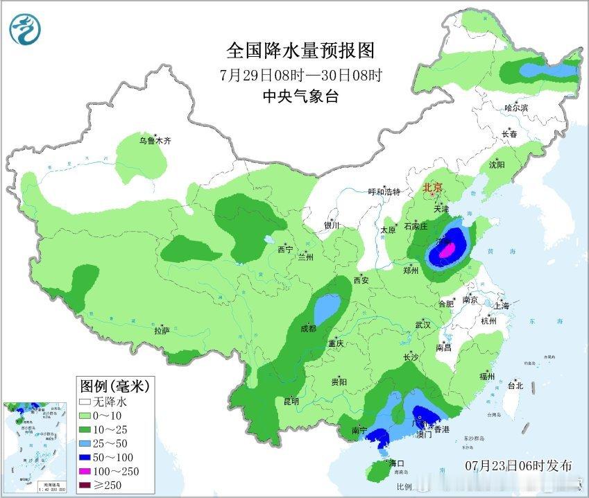 【强降雨】昨天到今晨，有两片明显的降雨区。一个是，天津河北山东西部一带高空槽前的