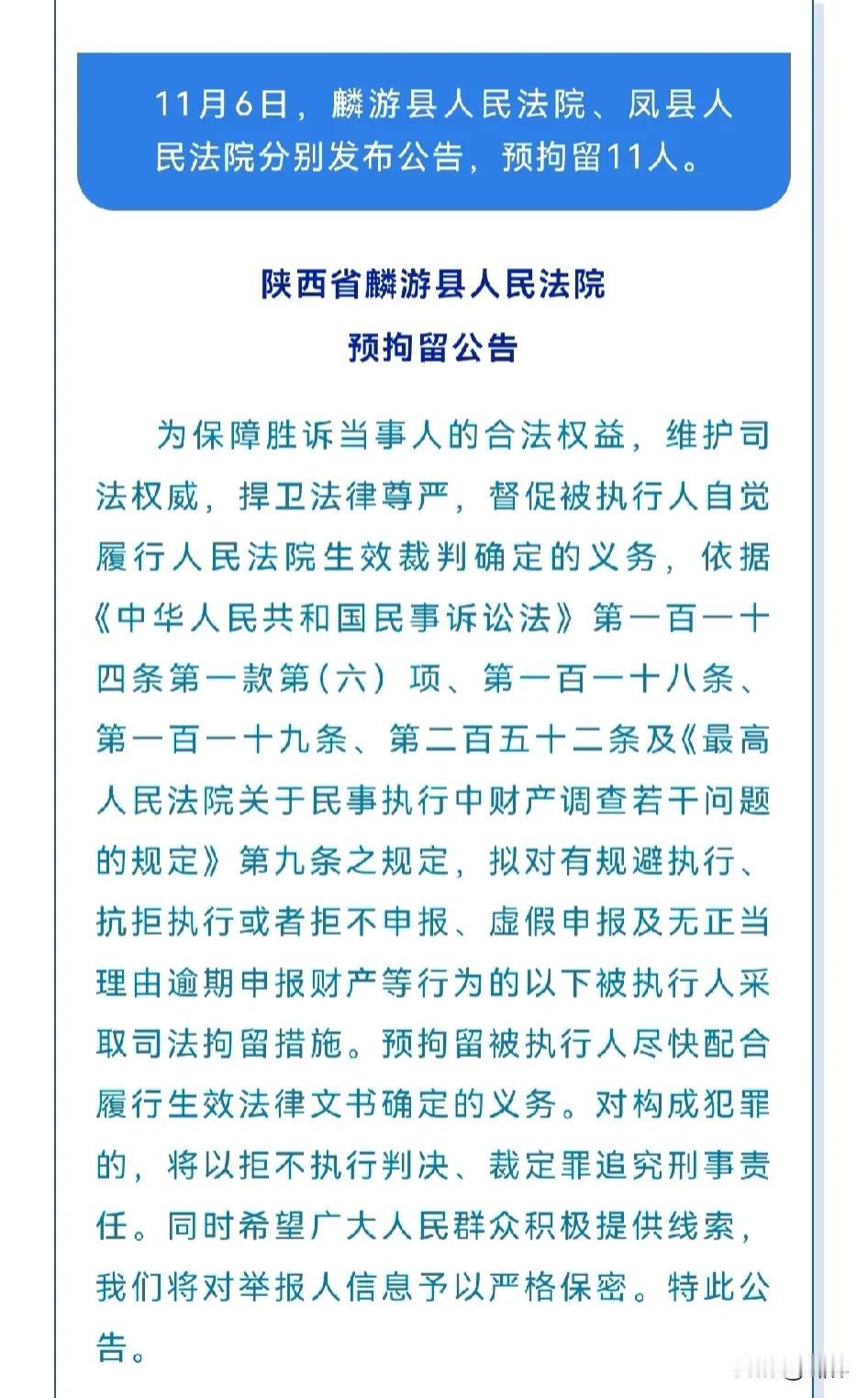 宝鸡法院预拘留11人11月6日，麟游县人民法院、凤县人民法院分别发布公告，预拘