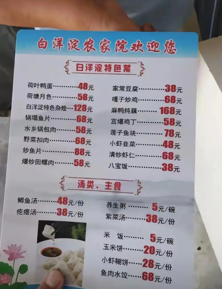 “这真是把游客当日本人给整了！”，比起白洋淀扎车胎，白洋淀某些农家院饭店在菜单上