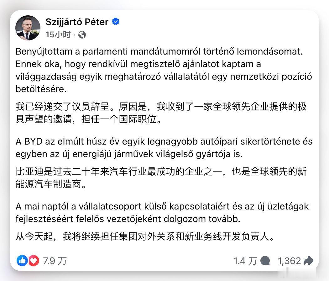 比亚迪聘请了奥尔班时代的前匈牙利外交部长彼得来领导其对外关系。这一招高！如果比亚