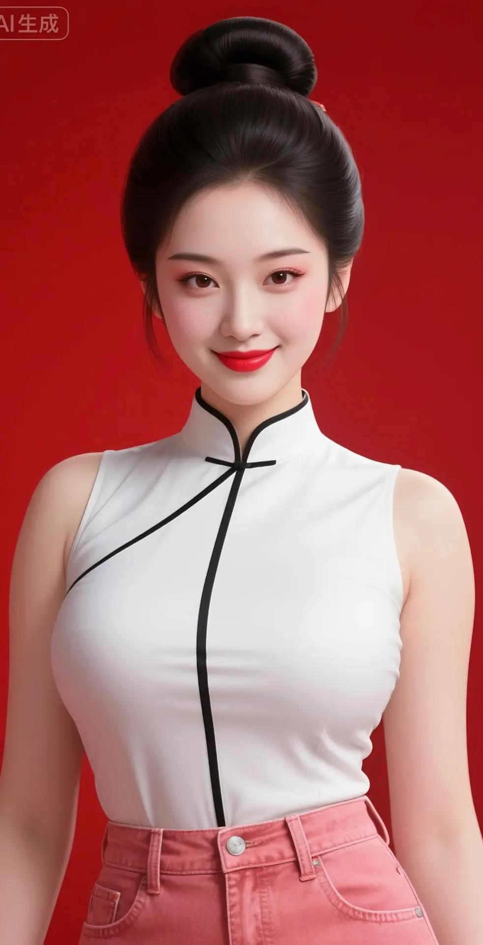 优雅复古风，红唇白裙，复古旗袍与现代牛仔裤的完美碰撞！