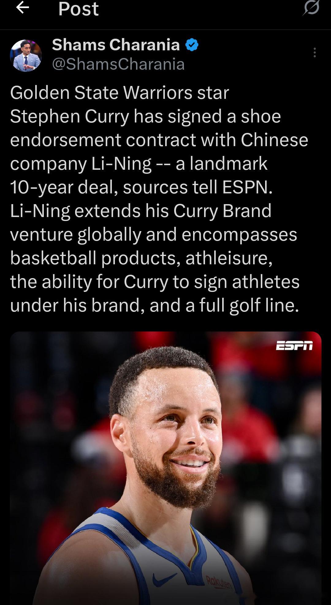 李宁签下库里，一份10年合同NBA