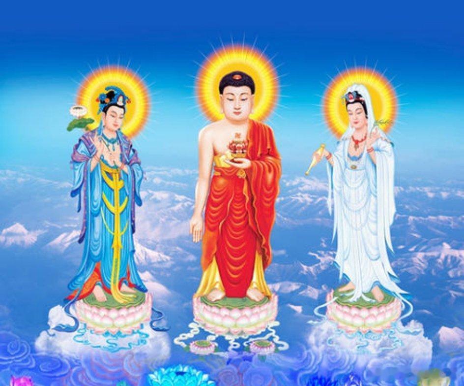 【西方三圣】西方极乐世界教主阿弥陀佛与他的左胁侍观世音菩萨和右胁侍大势至菩萨合称