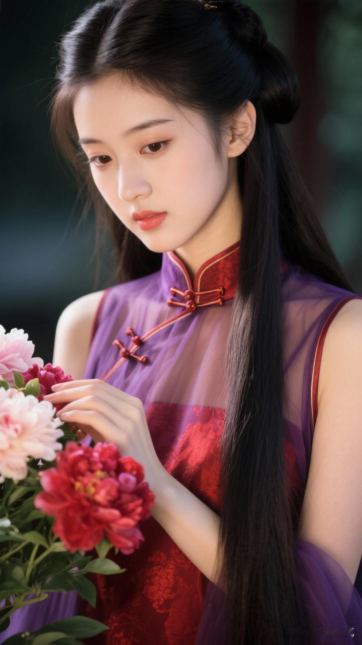 古典美人与花相伴，红衣飘逸，尽显东方韵味。