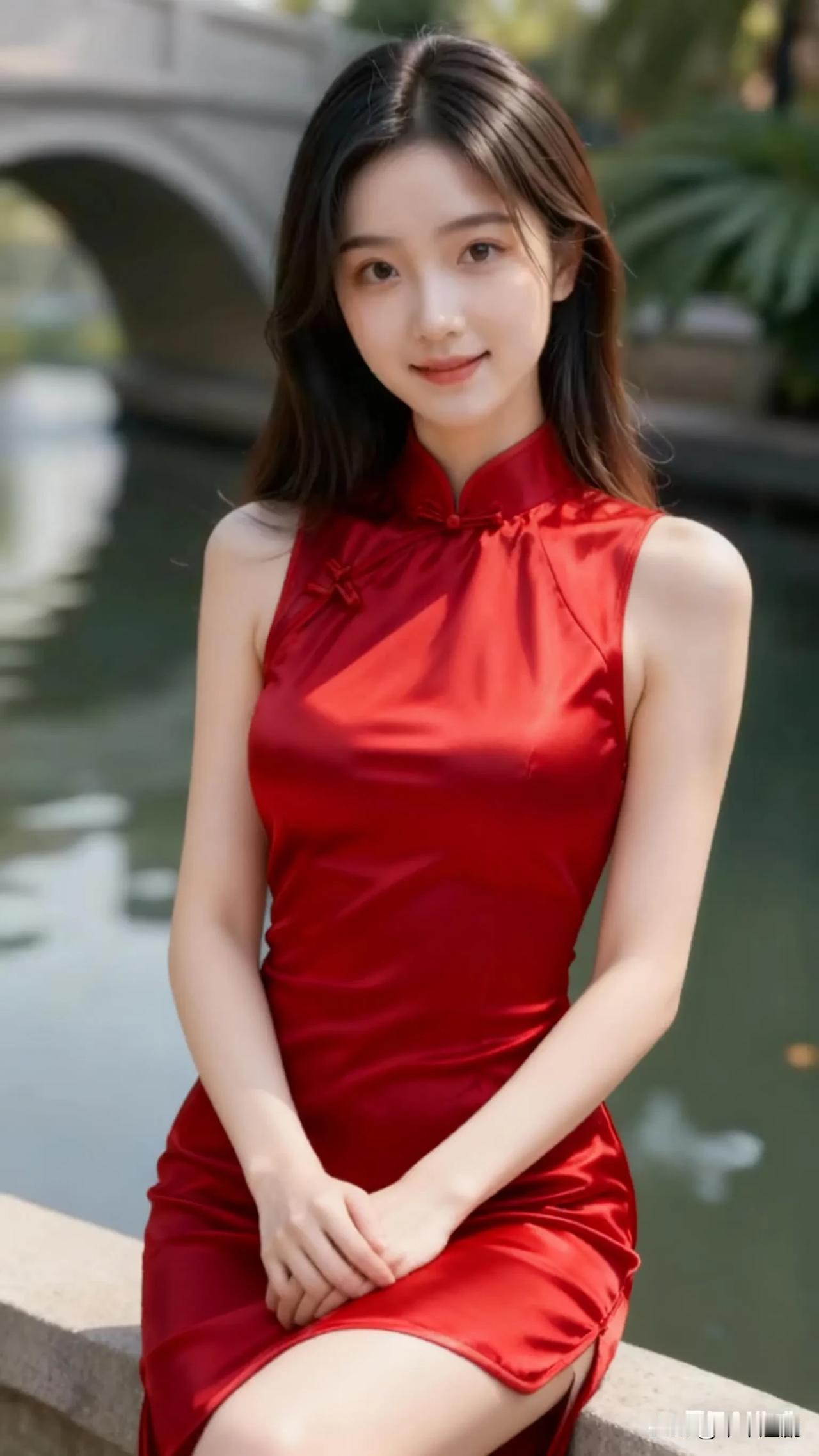 红袍旗袍映石桥，水乡柔波里，一笑揉碎江南温婉江南风旗袍照江南美女旗袍江南旗