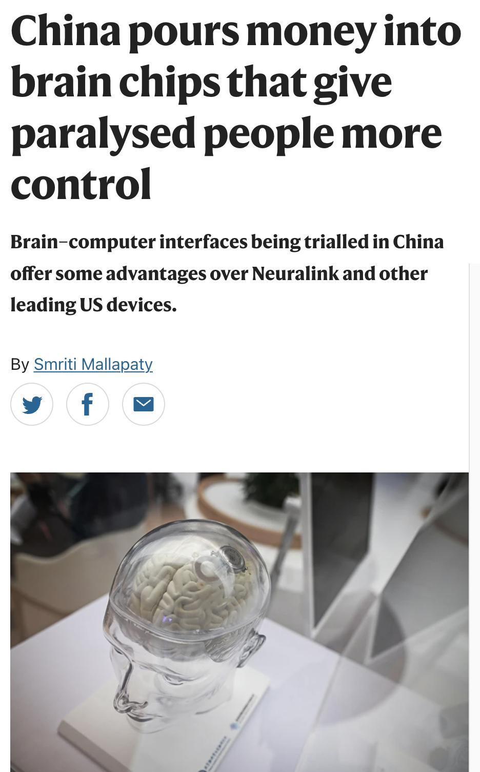 外媒：中国加大投入脑机接口技术，助瘫痪者恢复控制力中国正加快脑机接口（BCI）