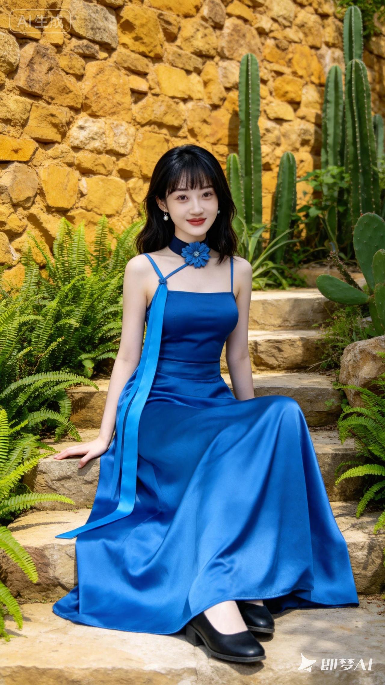 优雅蓝裙，夏日花园里的清新一抹