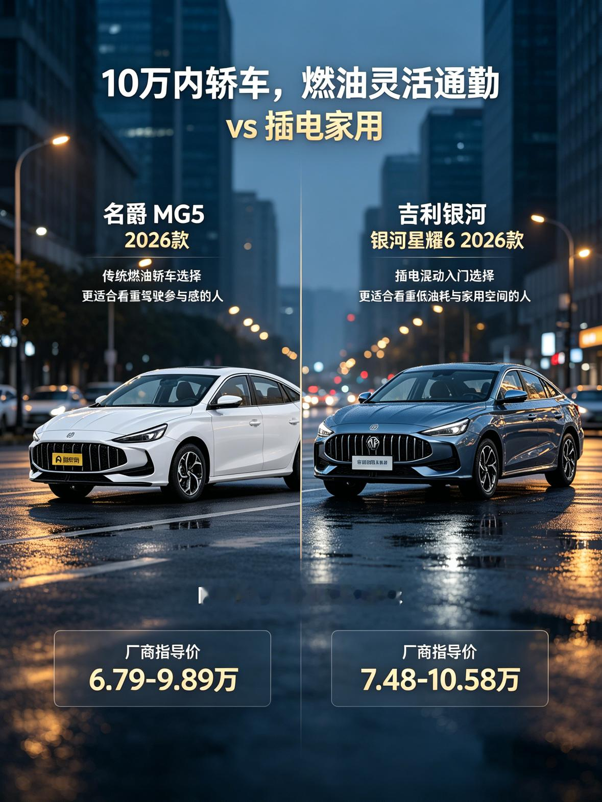 10万预算两台车对比，名爵MG5燃油版，开着有燃油车的操控感。吉利银河星耀6插混，油耗更低，家用更省