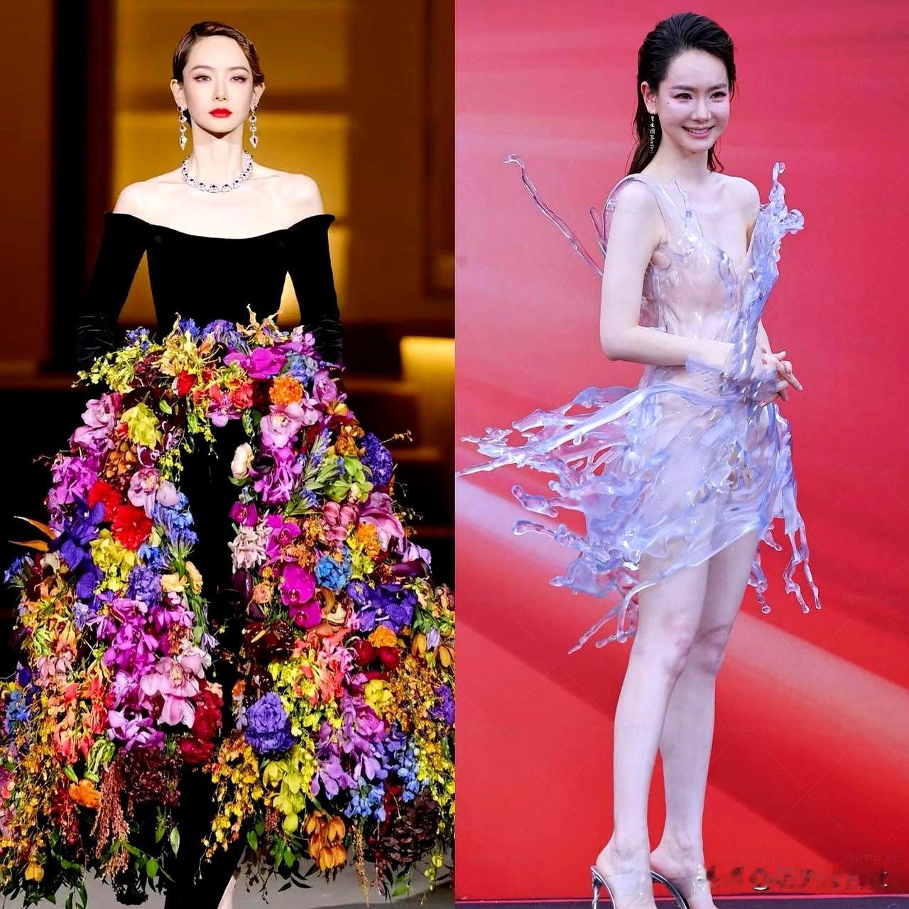 我敢说，戚薇是把红毯当实验室了。去年那身真鲜花裙，三十多种花往裙摆上缝，她花粉过敏还硬穿，提前吃药顶