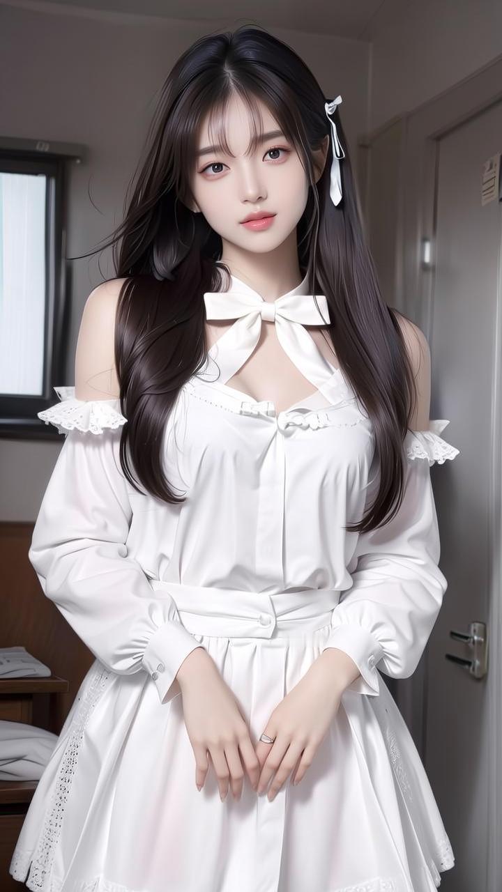 优雅白裙少女，甜美蝴蝶结发饰，清新自然，少女心满满！💖🌸👗