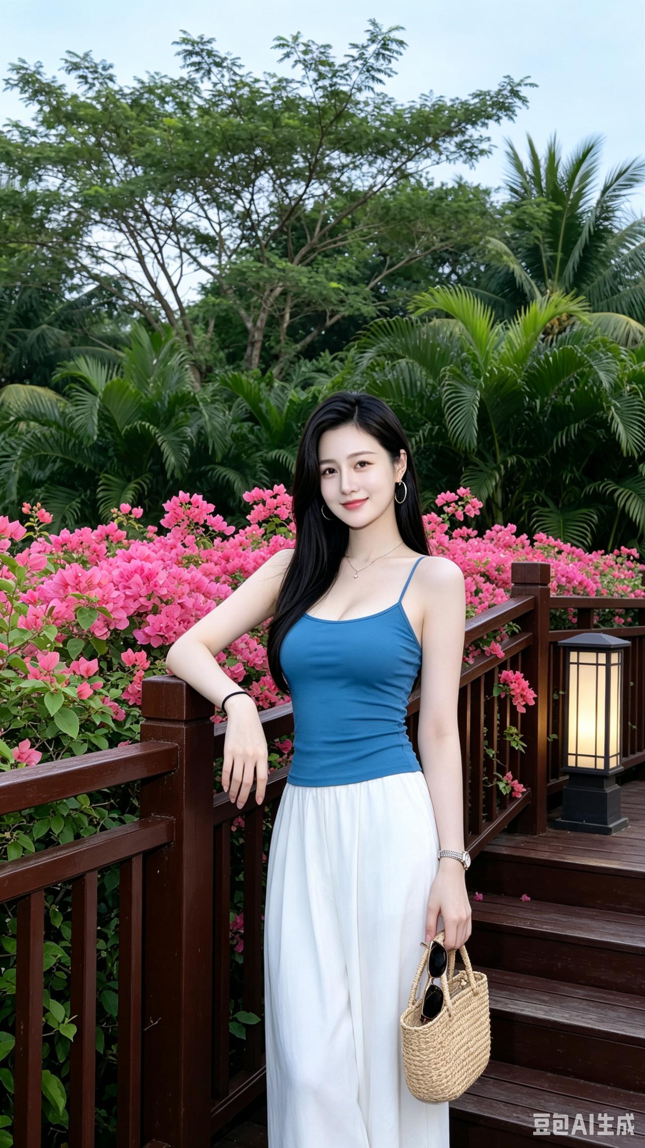 一个漂亮姑娘在花丛前拍照。