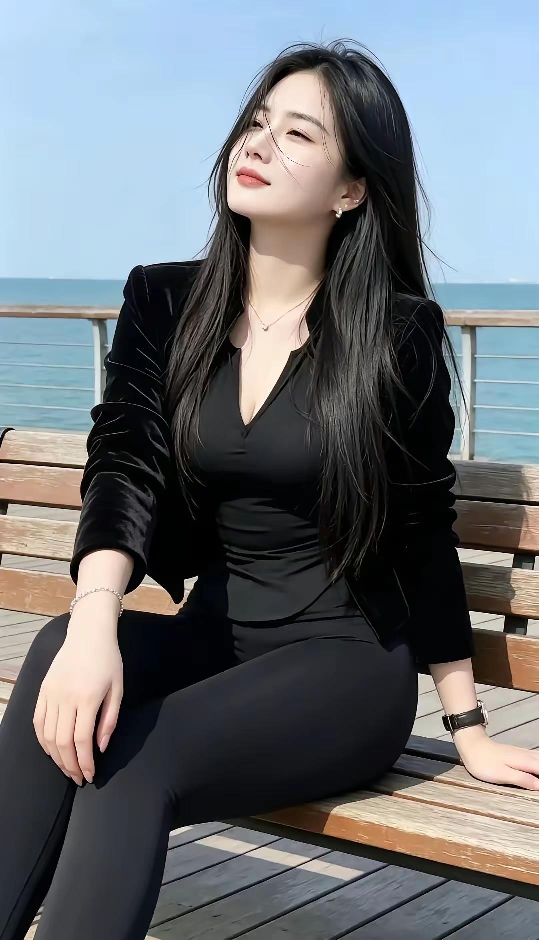 穿黑色套装的女士坐在长椅上。