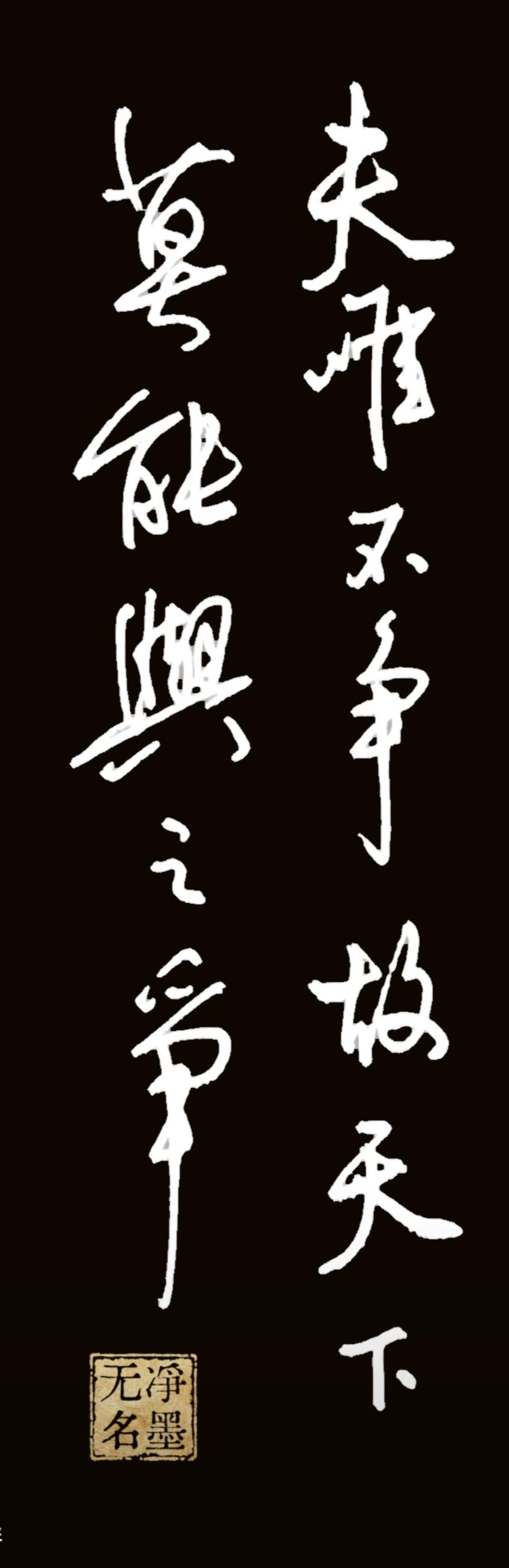 书法释文（竖排，从右至左）夫唯不争，故天下莫能与之争印章落款：净墨无名出