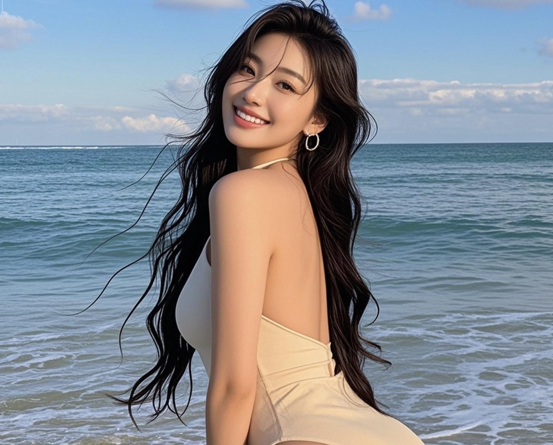 妩媚少妇沙滩回眸，蜜桃臀弧线美到窒息