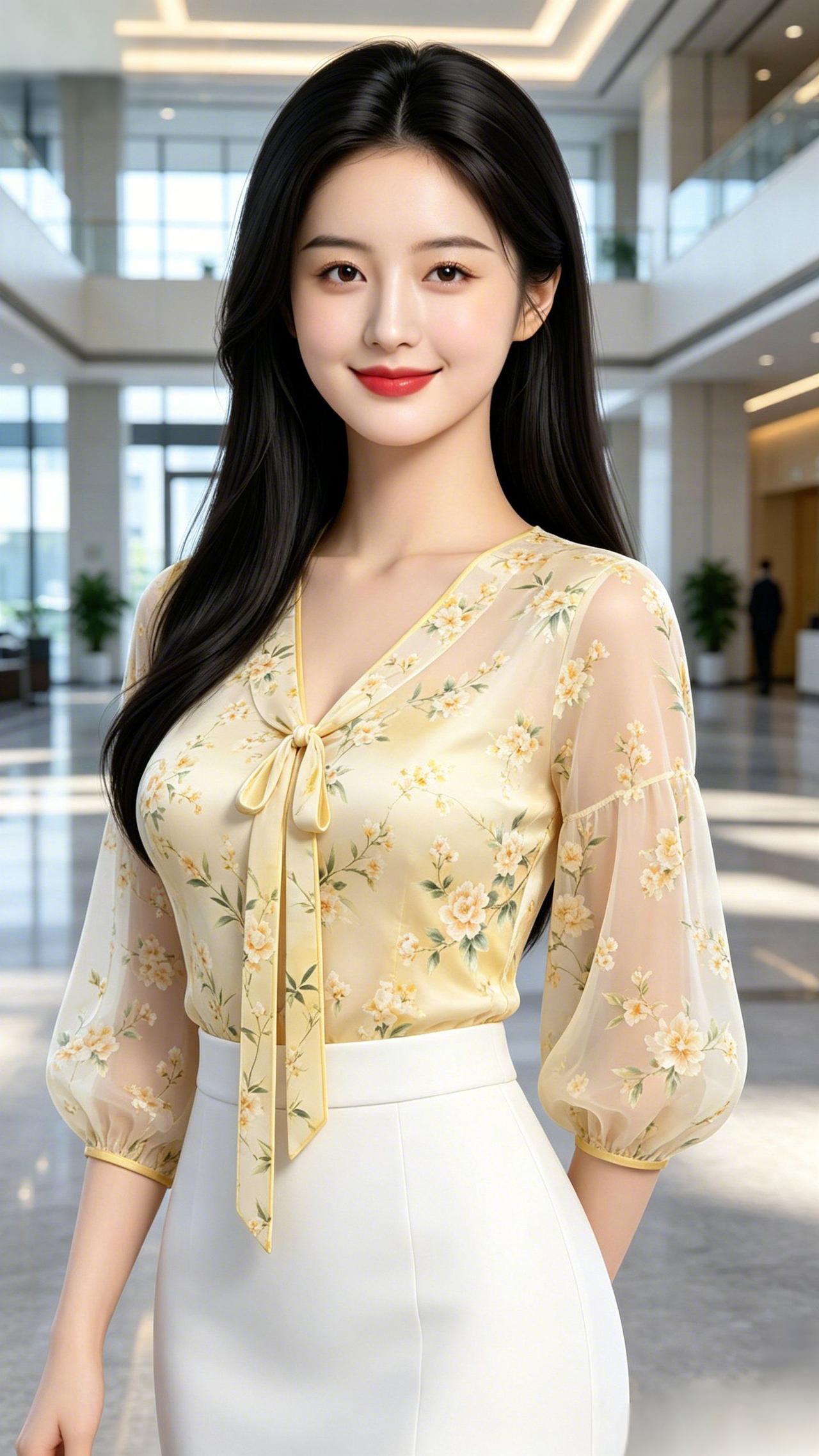 厅堂晨光通透楼宇盛揽晨光，大片玻璃窗滤进柔和天光。光洁地面映出暖调灯带，绿