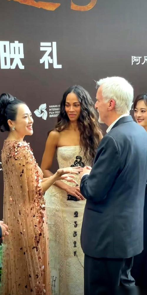 刷到一张图，给我看愣了。章子怡跟大导演卡梅隆站一块儿聊天，那叫一个游刃有余。